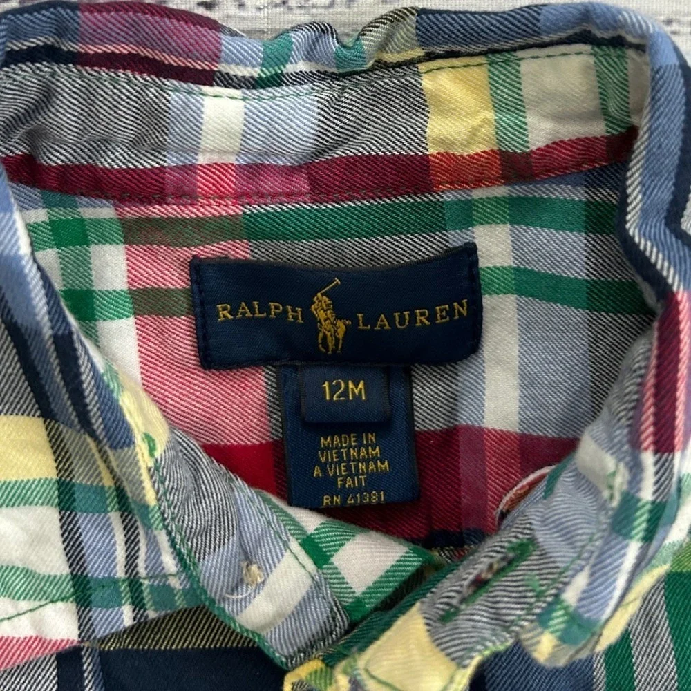 Ralph Lauren Plaid Long Sleeve Button Down‎ Shirt Kids Boys Size 12M